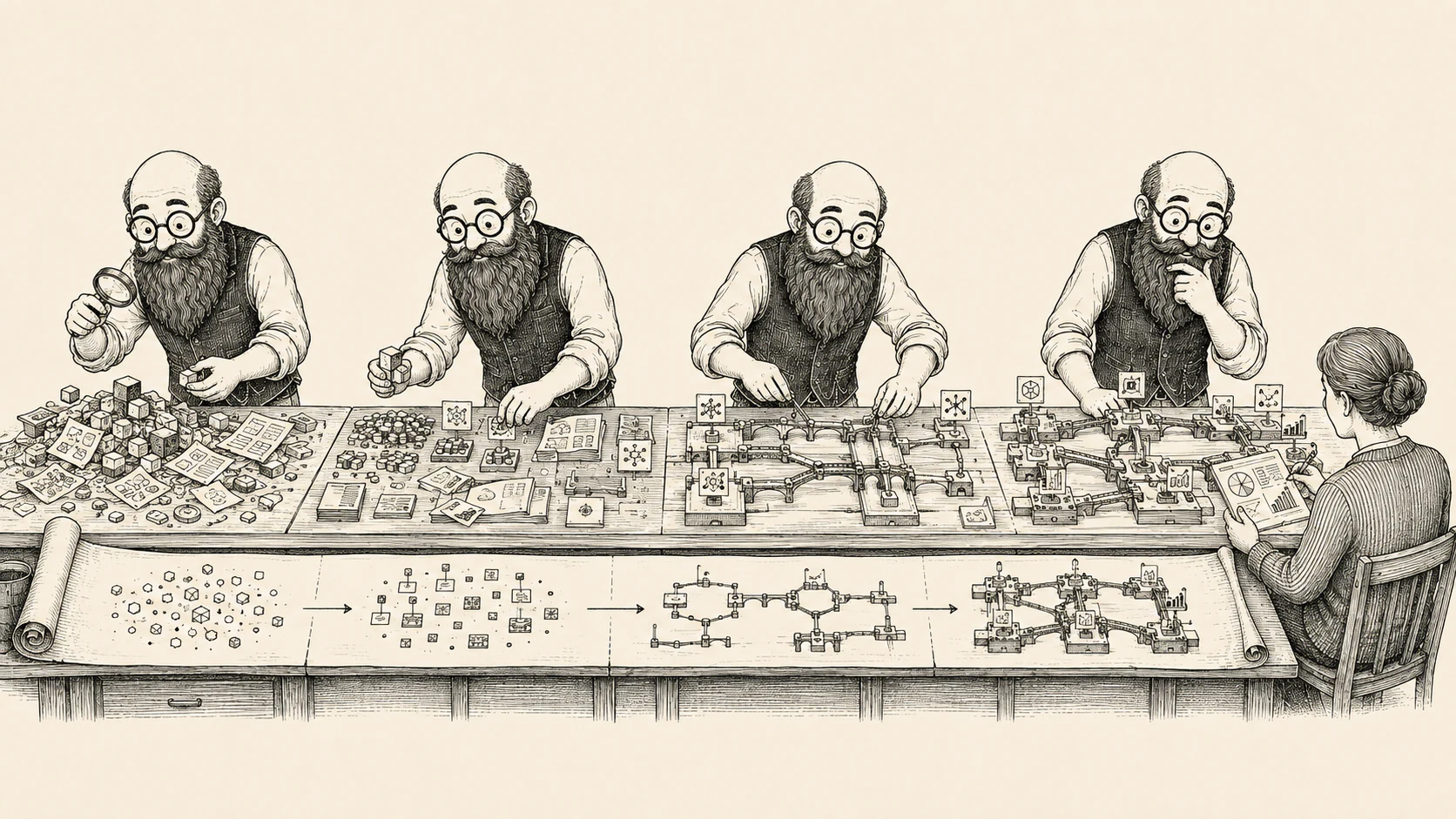 Scattered data becoming organized information, connected systems, and useful support for human decisions.