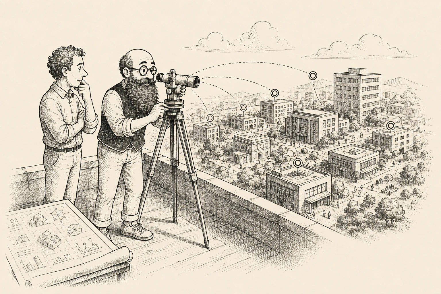 A telescope aimed toward a city skyline, representing a clearer view of where AI may help the business.