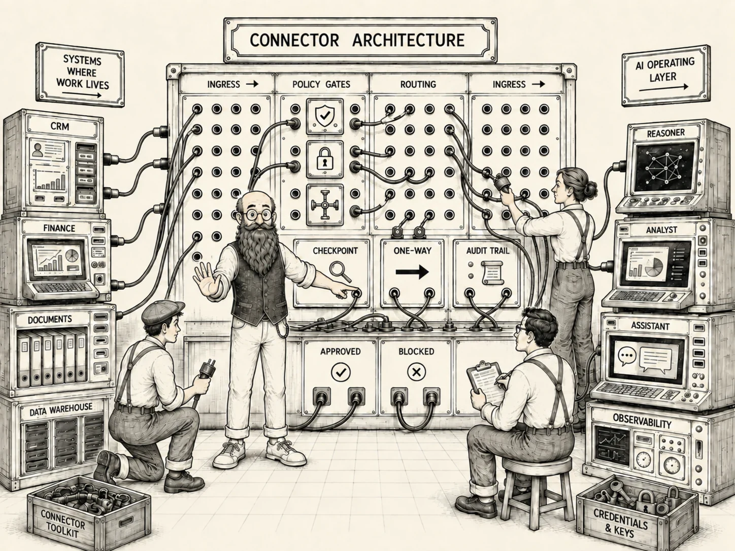 A switchboard showing controlled connections between AI and business systems, with checkpoints for identity, permissions, and access.