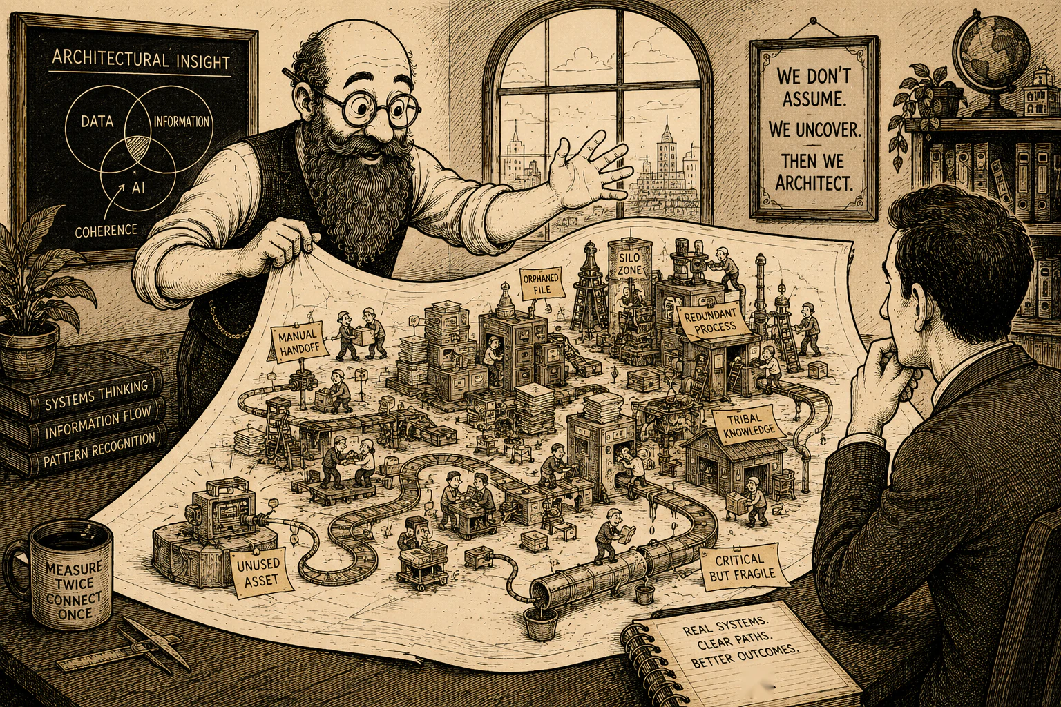 An architect drafting a target-state data architecture surrounded by models, maps, and governance decisions