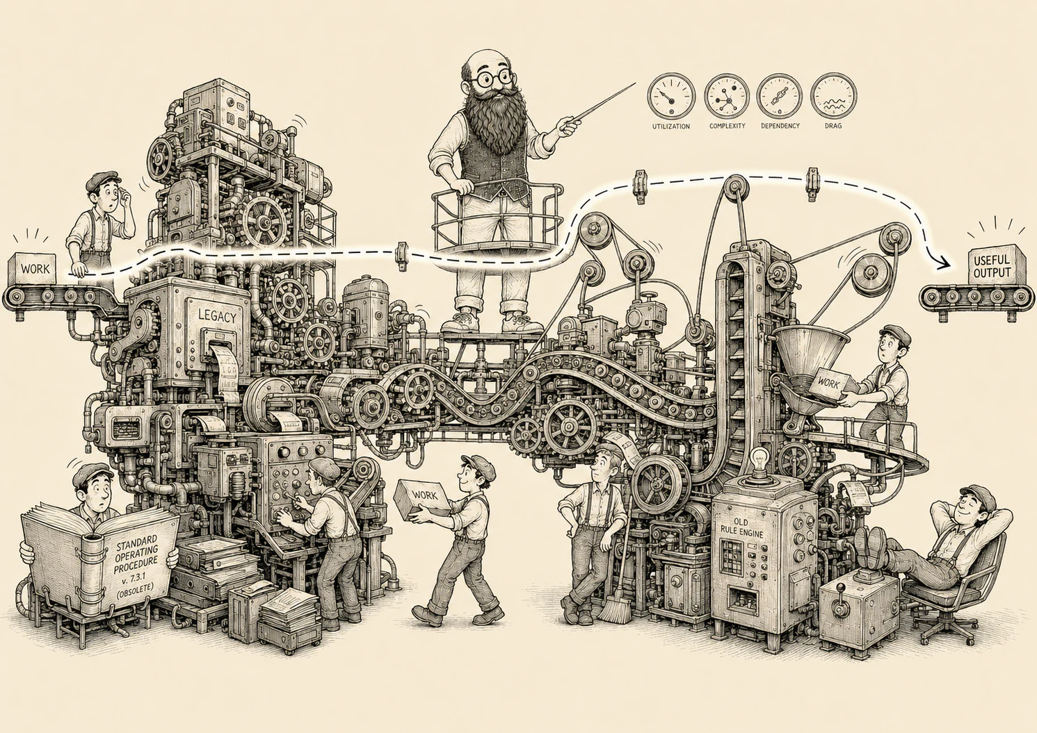 A watchmaker simplifying an overcomplicated mechanism into an efficient design using a roadmap to retire, tune, keep, and sequence architectural changes