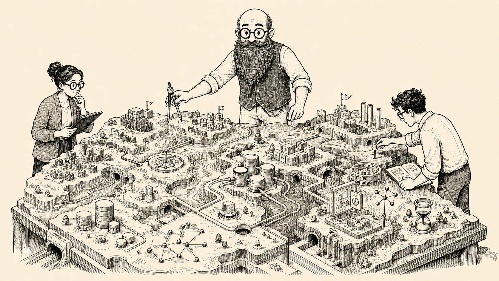 Surveyors mapping connected routes from data sources to a target architecture