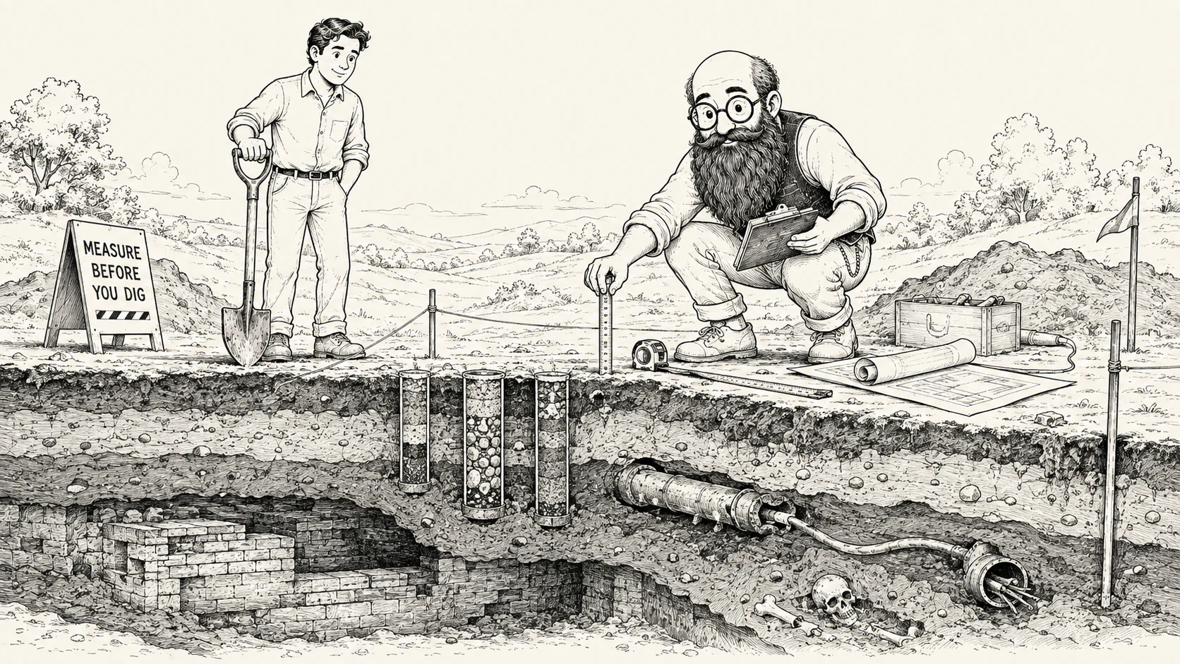 A map, compass, hardhat, ruler, and pencil prepared for architecture planning