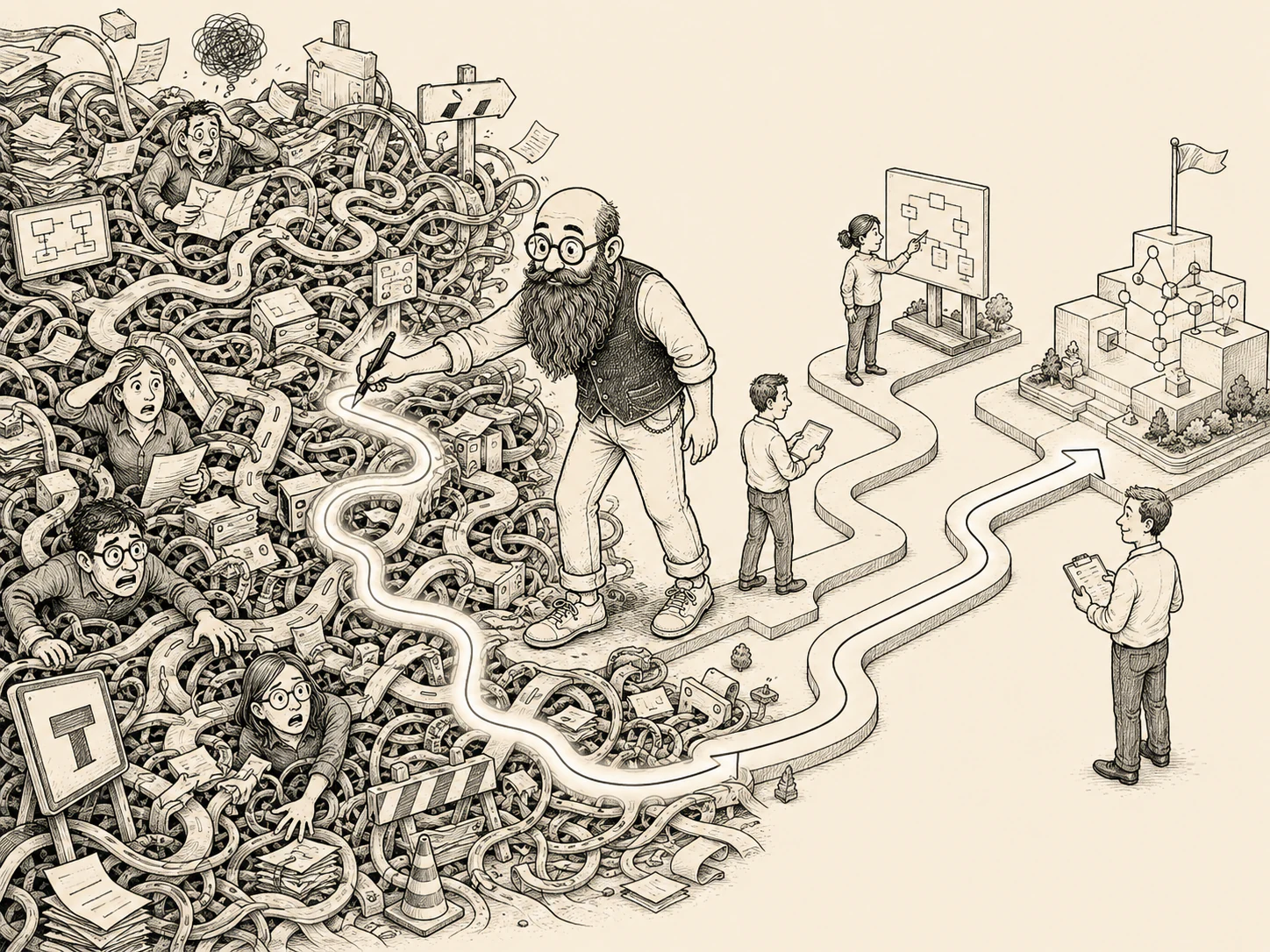 A person tracing a path from tangled complexity to a clear target architecture