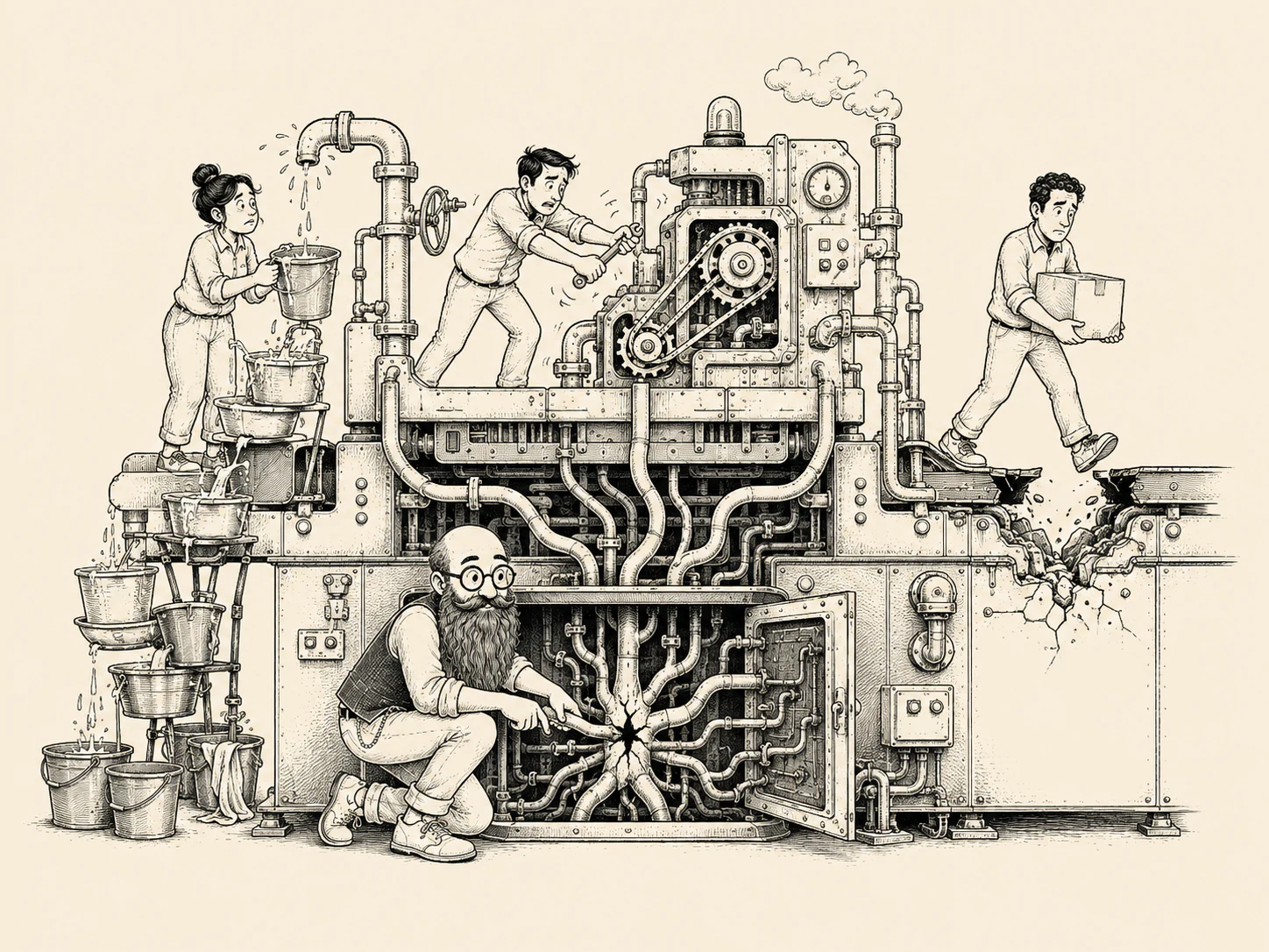 People keeping a complicated machine running by carrying water, turning a wheel, and repairing its pipes.