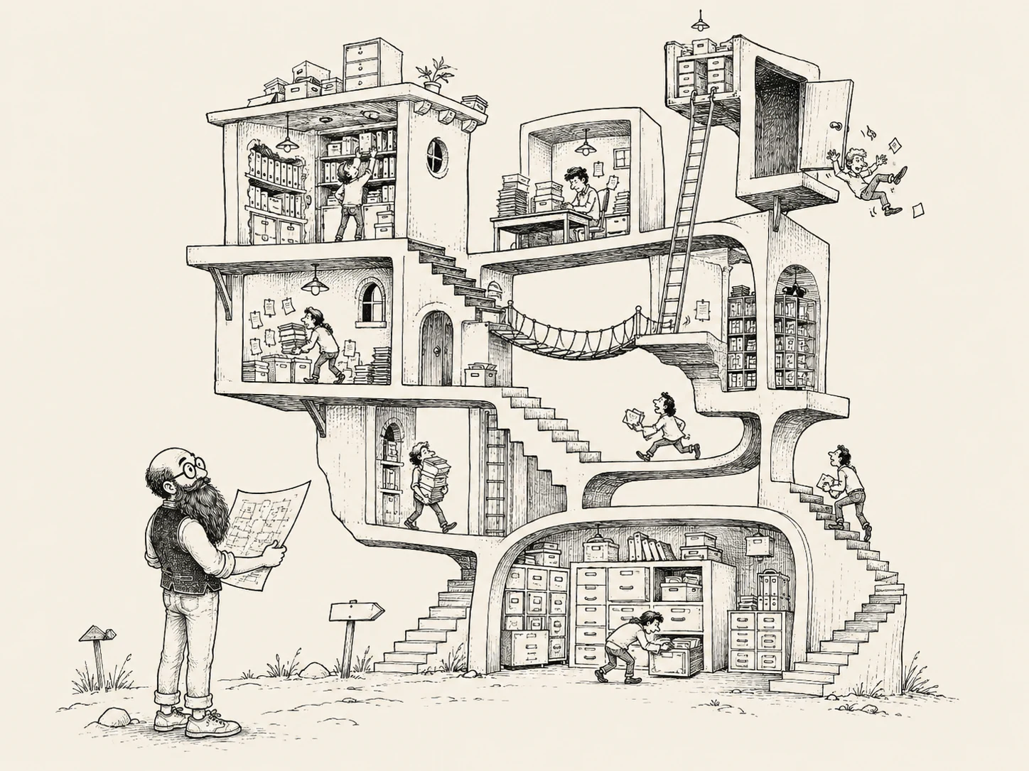 Two information architects comparing a before-chaos repository blueprint with an after-clarity architecture designed for findability, usability, consistency, access, and governance