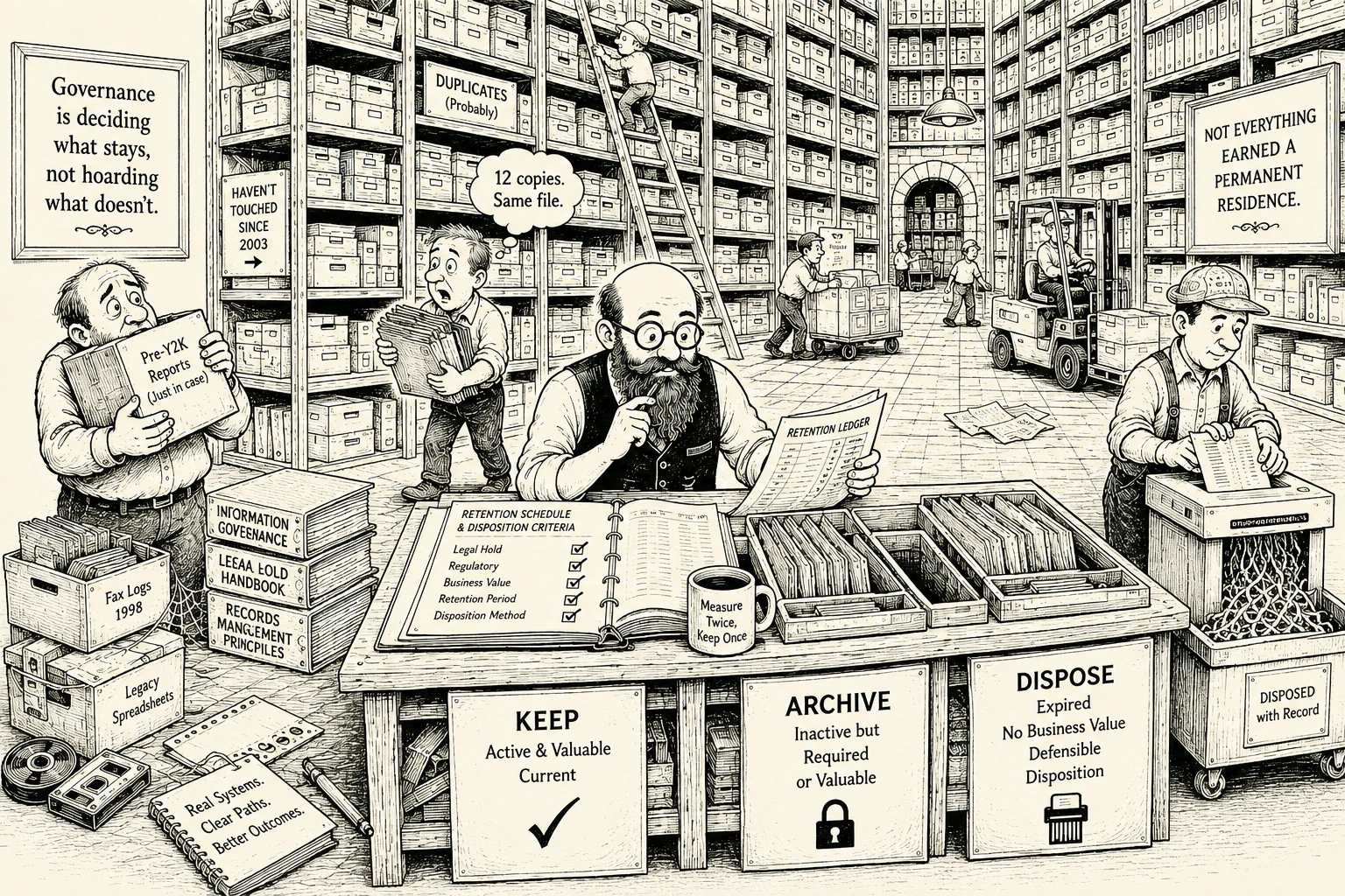 Information specialists excavating legacy content and sorting redundant, obsolete, and trivial files into keep, archive, and dispose categories according to retention obligations