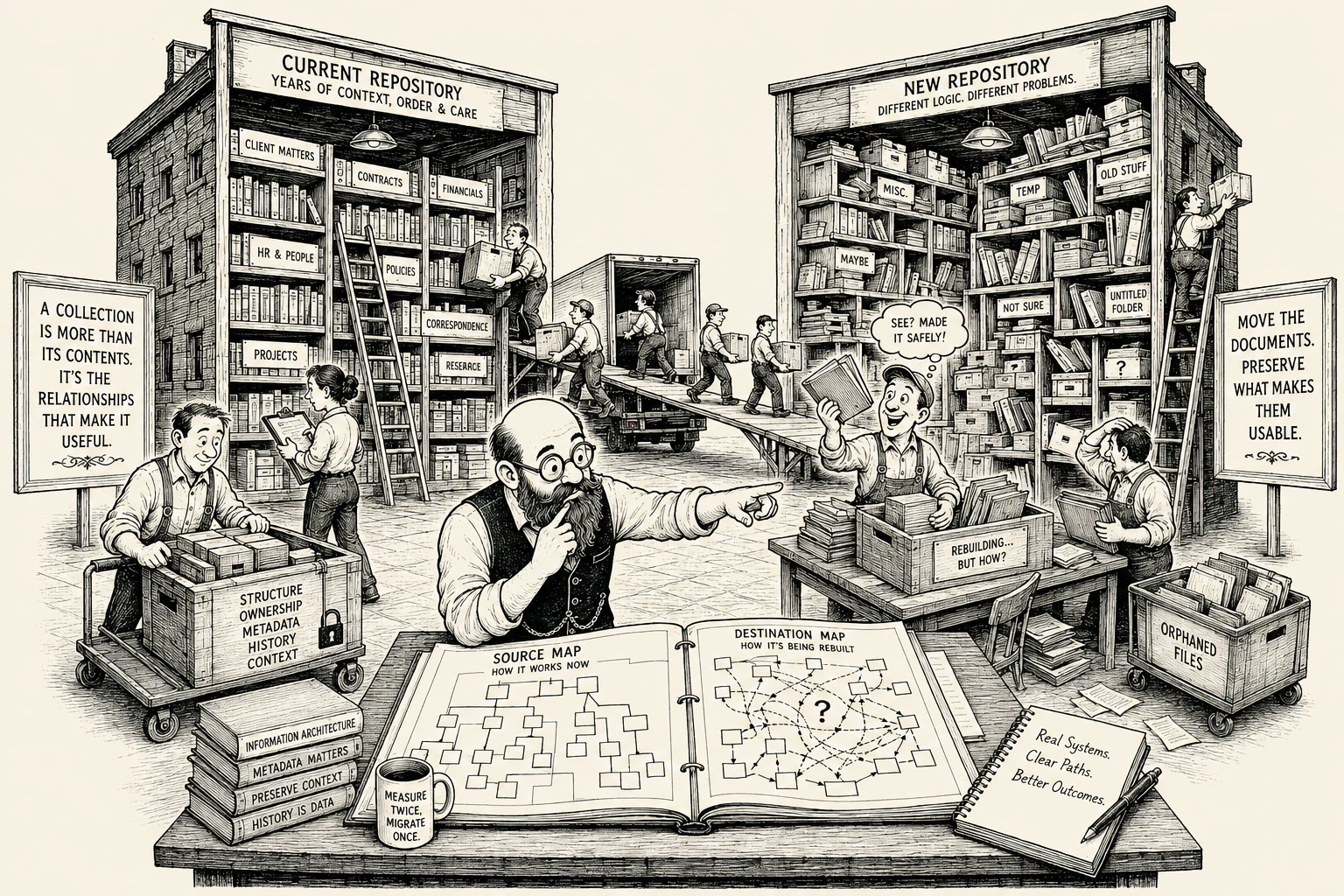 A complete port scene moving documents, metadata, permissions, history, and relationships from a source repository to a target repository while preserving meaning