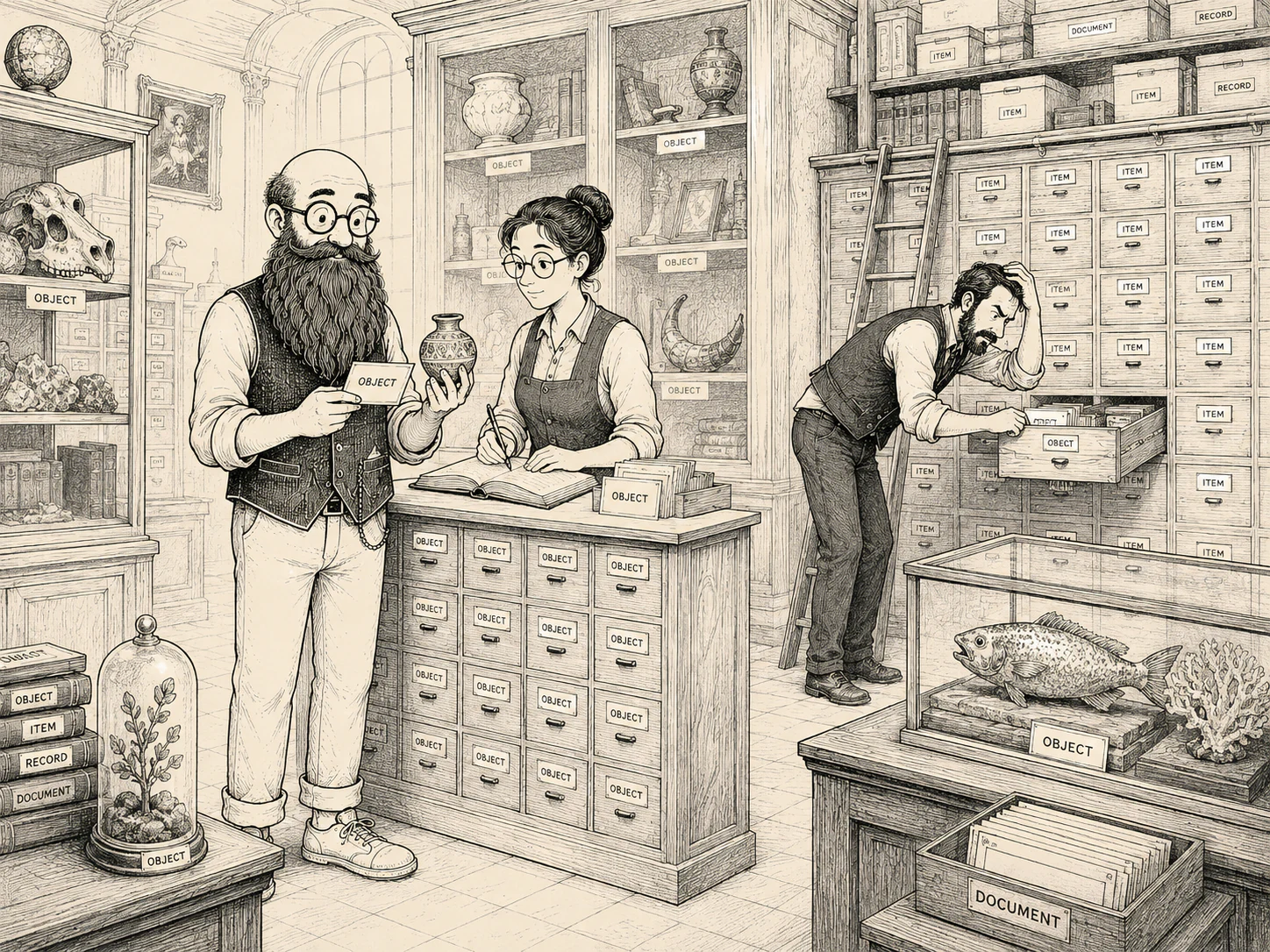 A metadata specialist reviewing a metadata card beside a classification framework, controlled vocabulary, taxonomy cards, a tag library, and filing drawers labeled consistent, complete, connected, and searchable