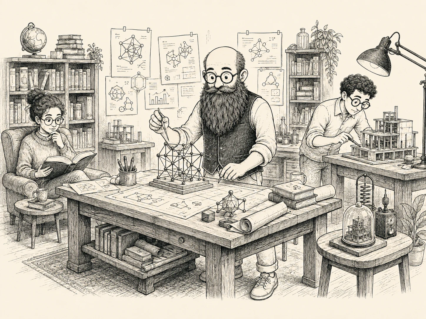 An editorial workshop library where ideas are collected, tested, edited, and prepared for publication.